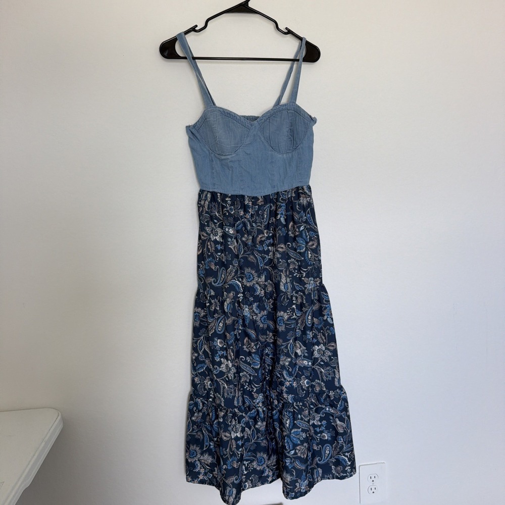 Band Of The Free Blue Denim Bodice Floral Buttoned Women's Maxi SunDress Sz Med